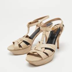 Pre Owned Saint Laurent Paris Cream Croc Embossed Leather Tribute  Sandals Size 39