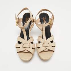 Pre Owned Saint Laurent Paris Cream Croc Embossed Leather Tribute  Sandals Size 39