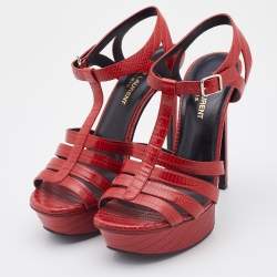 مملوكة مسبقًا Saint Laurent Red Lizard Embossed Leather Strappy Platform Sandals Size 37.5