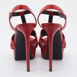 مملوكة مسبقًا Saint Laurent Red Lizard Embossed Leather Strappy Platform Sandals Size 37.5
