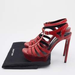 مملوكة مسبقًا Saint Laurent Red Lizard Embossed Leather Strappy Platform Sandals Size 37.5