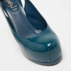 Saint Laurent Teal Patent Leather Tribtoo Slingback Pumps Size 36