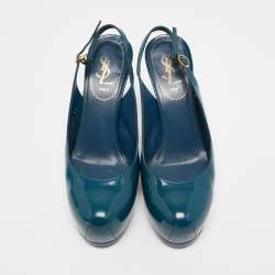 Saint Laurent Teal Patent Leather Tribtoo Slingback Pumps Size 36