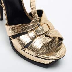 Pre Owned Saint Laurent Gold Lizard Embossed Leather Tribute Sandals Size 40