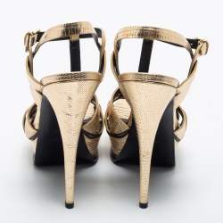 Pre Owned Saint Laurent Gold Lizard Embossed Leather Tribute Sandals Size 40