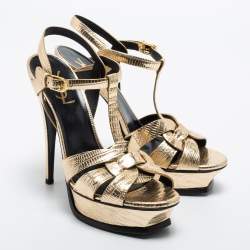 Pre Owned Saint Laurent Gold Lizard Embossed Leather Tribute Sandals Size 40