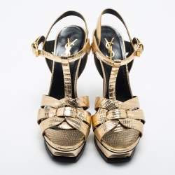 Pre Owned Saint Laurent Gold Lizard Embossed Leather Tribute Sandals Size 40