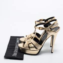 Pre Owned Saint Laurent Gold Lizard Embossed Leather Tribute Sandals Size 40