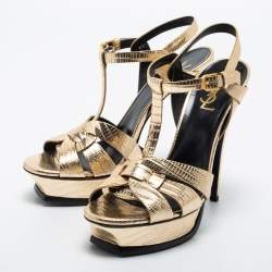 Pre Owned Saint Laurent Gold Lizard Embossed Leather Tribute Sandals Size 40