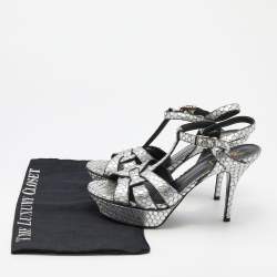 مملوكة مسبقًا Saint Laurent Silver Python Embossed Leather Tribute Sandals Size 38.5