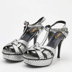 مملوكة مسبقًا Saint Laurent Silver Python Embossed Leather Tribute Sandals Size 38.5