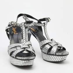 مملوكة مسبقًا Saint Laurent Silver Python Embossed Leather Tribute Sandals Size 38.5