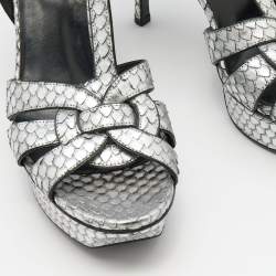 مملوكة مسبقًا Saint Laurent Silver Python Embossed Leather Tribute Sandals Size 38.5