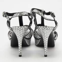 مملوكة مسبقًا Saint Laurent Silver Python Embossed Leather Tribute Sandals Size 38.5
