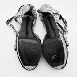 مملوكة مسبقًا Saint Laurent Silver Python Embossed Leather Tribute Sandals Size 38.5