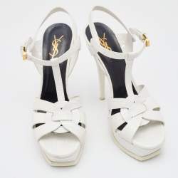 مملوكة مسبقًا Saint Laurent White Lizard Embossed Leather Tribute Sandals Size 40.5