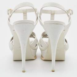 مملوكة مسبقًا Saint Laurent White Lizard Embossed Leather Tribute Sandals Size 40.5