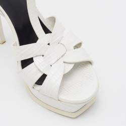 مملوكة مسبقًا Saint Laurent White Lizard Embossed Leather Tribute Sandals Size 40.5