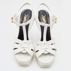 مملوكة مسبقًا Saint Laurent White Lizard Embossed Leather Tribute Sandals Size 40.5