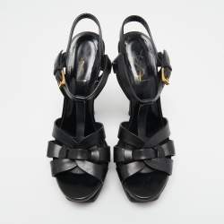 Pre Owned Saint Laurent Black Leather Tribute Platform Sandals Size 38.5