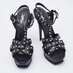 Pre Owned Saint Laurent Black Leather Studded Tribute Platform Sandals Size 40.5