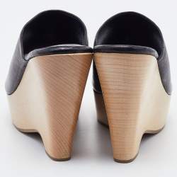 Pre Owned Saint Laurent Black Leather Platform Slide Wedge Sandals Size 37