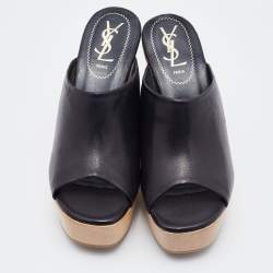 Pre Owned Saint Laurent Black Leather Platform Slide Wedge Sandals Size 37