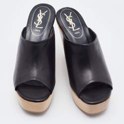 Pre Owned Saint Laurent Black Leather Platform Slide Wedge Sandals Size 37