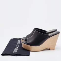 Pre Owned Saint Laurent Black Leather Platform Slide Wedge Sandals Size 37