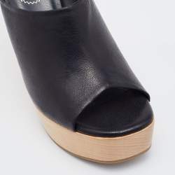 Pre Owned Saint Laurent Black Leather Platform Slide Wedge Sandals Size 37