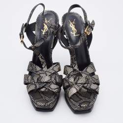 Pre Owned Saint Laurent Black/Gold Python Print Textured Leather Tribute Sandals Size 41