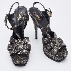 Pre Owned Saint Laurent Black/Gold Python Print Textured Leather Tribute Sandals Size 41