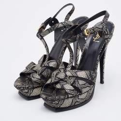 Pre Owned Saint Laurent Black/Gold Python Print Textured Leather Tribute Sandals Size 41