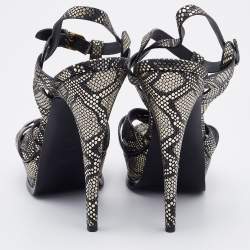 Pre Owned Saint Laurent Black/Gold Python Print Textured Leather Tribute Sandals Size 41