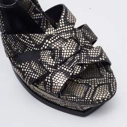 Pre Owned Saint Laurent Black/Gold Python Print Textured Leather Tribute Sandals Size 41