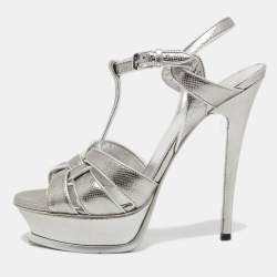 Pre Owned Saint Laurent Silver Lizard Embossed Leather Tribute Sandals Size 39 