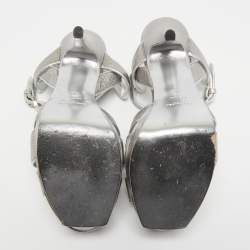 Pre Owned Saint Laurent Silver Lizard Embossed Leather Tribute Sandals Size 39 