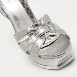 Pre Owned Saint Laurent Silver Lizard Embossed Leather Tribute Sandals Size 39 