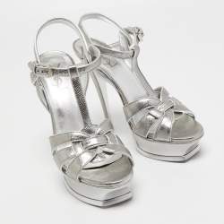 Pre Owned Saint Laurent Silver Lizard Embossed Leather Tribute Sandals Size 39 