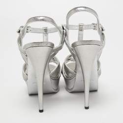 Pre Owned Saint Laurent Silver Lizard Embossed Leather Tribute Sandals Size 39 