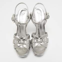 Pre Owned Saint Laurent Silver Lizard Embossed Leather Tribute Sandals Size 39 