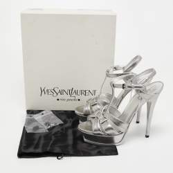 Pre Owned Saint Laurent Silver Lizard Embossed Leather Tribute Sandals Size 39 