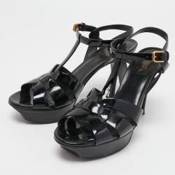 مملوكة مسبقًا Saint Laurent Black Patent Leather Tribute Sandals Size 39