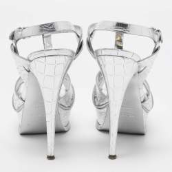 Saint Laurent Silver Croc Embossed Leather Tribute Sandals Size 38