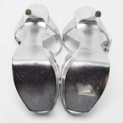 Saint Laurent Silver Croc Embossed Leather Tribute Sandals Size 38