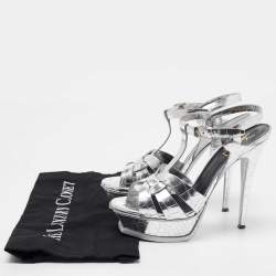 Saint Laurent Silver Croc Embossed Leather Tribute Sandals Size 38