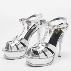 Saint Laurent Silver Croc Embossed Leather Tribute Sandals Size 38