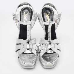 Saint Laurent Silver Croc Embossed Leather Tribute Sandals Size 38