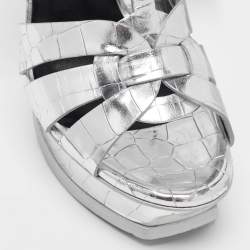 Saint Laurent Silver Croc Embossed Leather Tribute Sandals Size 38