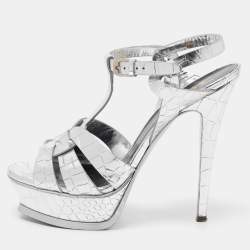 Saint Laurent Silver Croc Embossed Leather Tribute Sandals Size 38